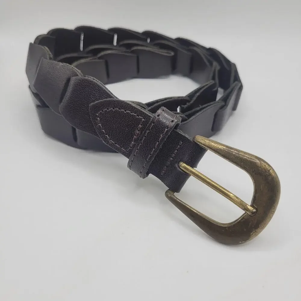 Brown Leather Belt Med Braided Linked Rustic Antique Boho Hippie Earthy Cutout